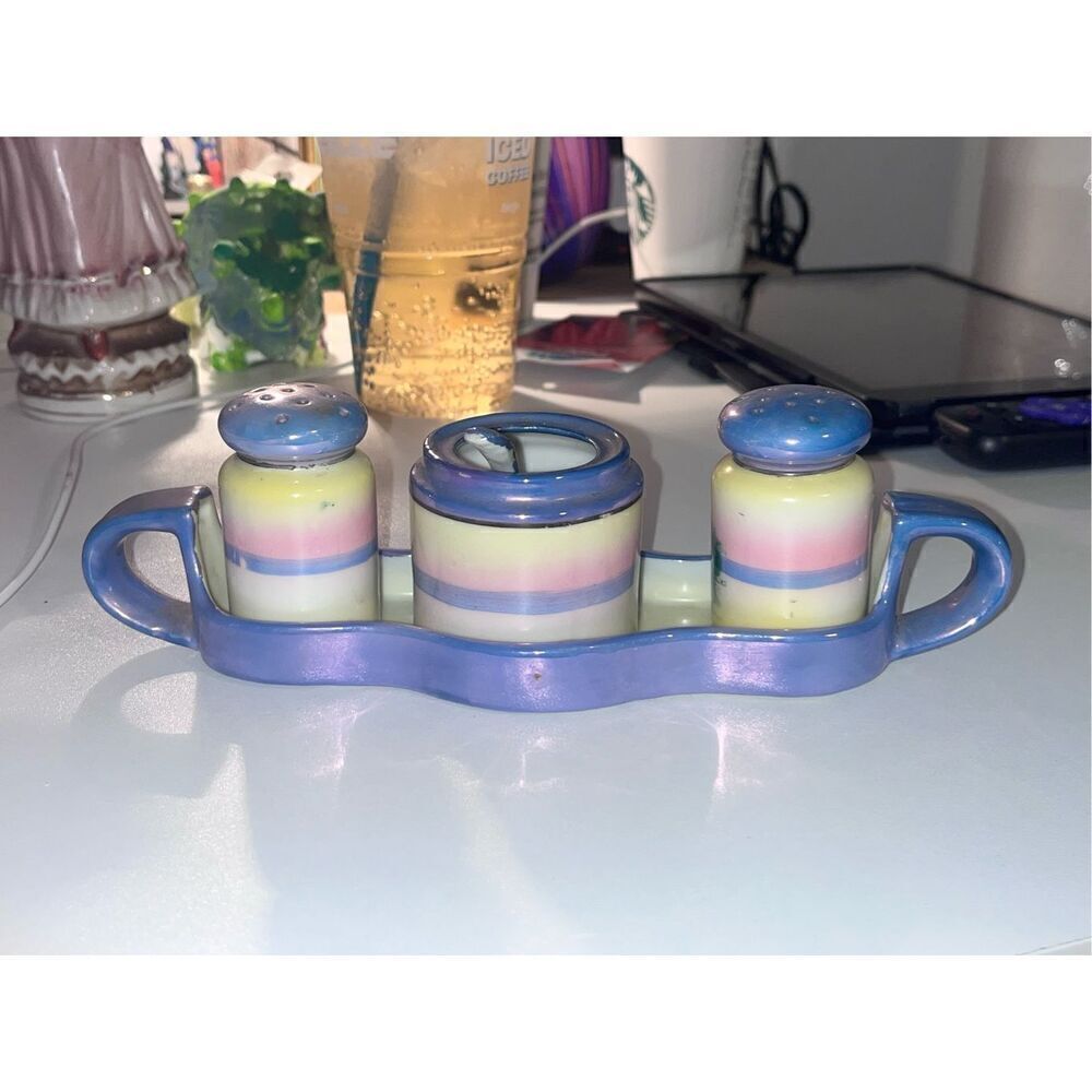 Vintage Lusterware condiment set. Made In Japan Blue Lusterware SP tray spn